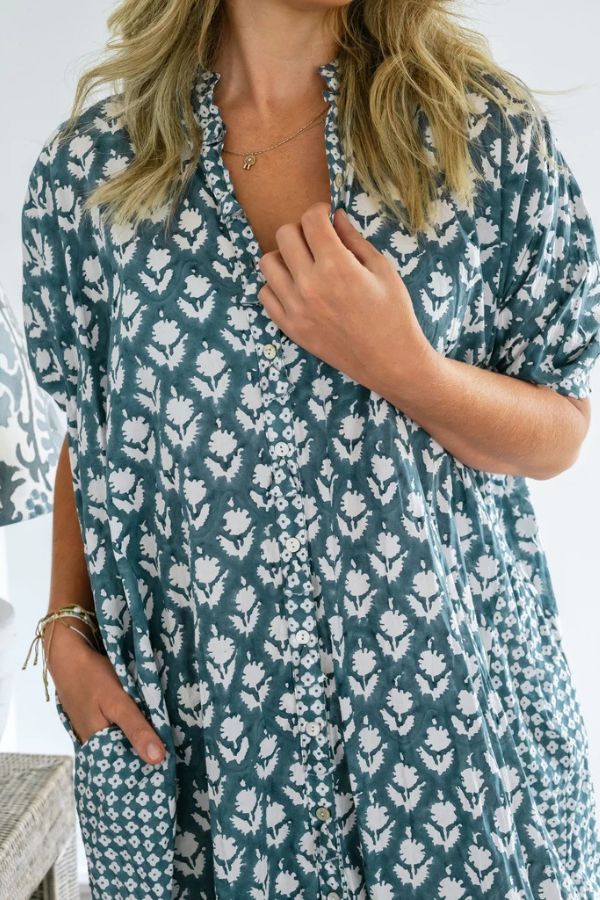 Folk Shadow Buti Shirtdress Blue