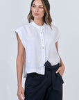 White Capped Sleeve Button Top