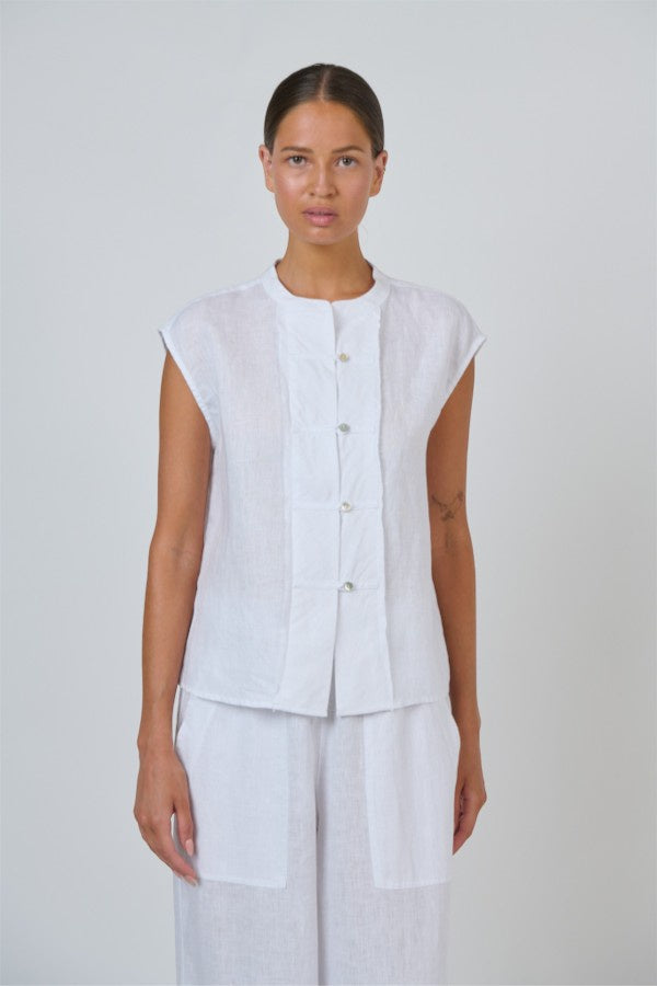 Linen Button Detail Top White