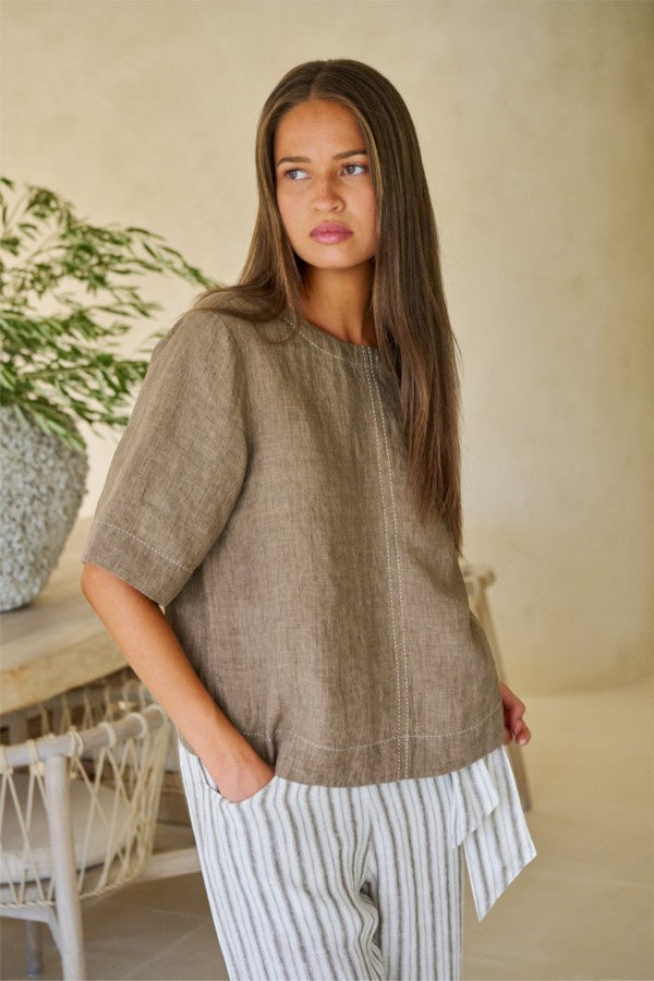 Linen Contrast Stitch Top Agate