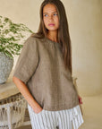 Linen Contrast Stitch Top Agate