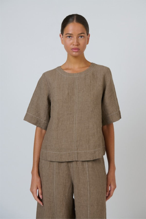 Linen Contrast Stitch Top Agate