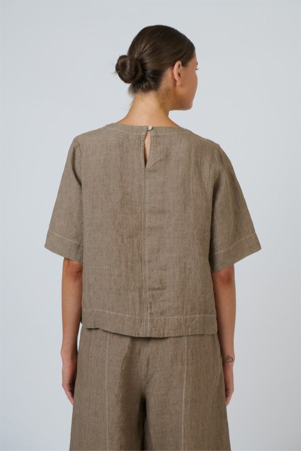 Linen Contrast Stitch Top Agate