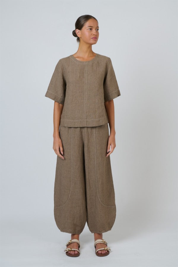 Linen Contrast Stitch Top Agate