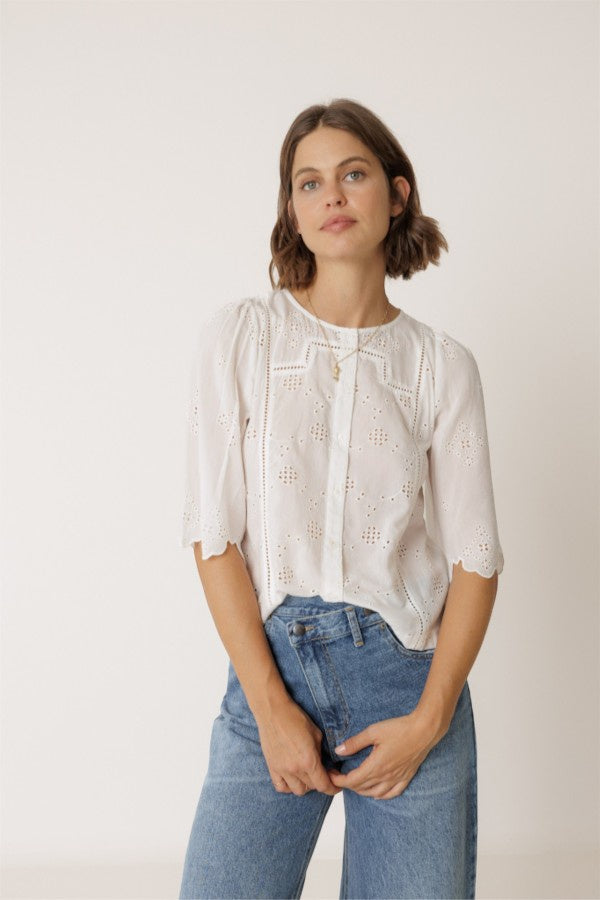 Boxy Shirt with Schiffli Embroidery