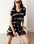 Liana V-Neck Pointelle Knit Black/Pink