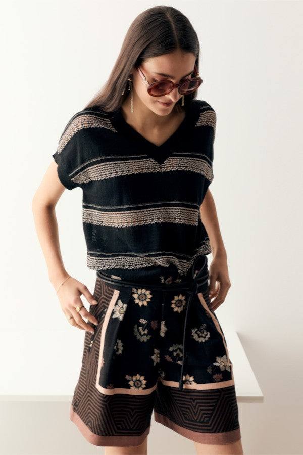 Liana V-Neck Pointelle Knit Black/Pink