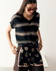 Liana V-Neck Pointelle Knit Black/Pink