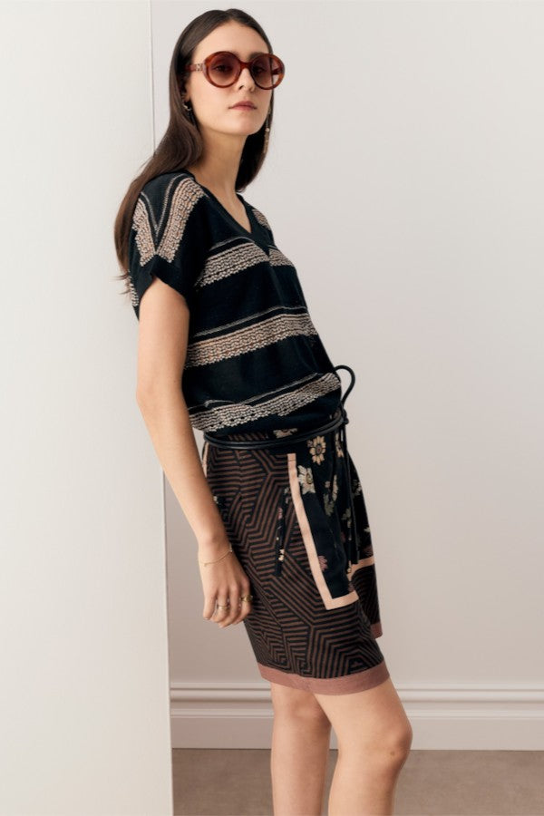 Liana V-Neck Pointelle Knit Black/Pink